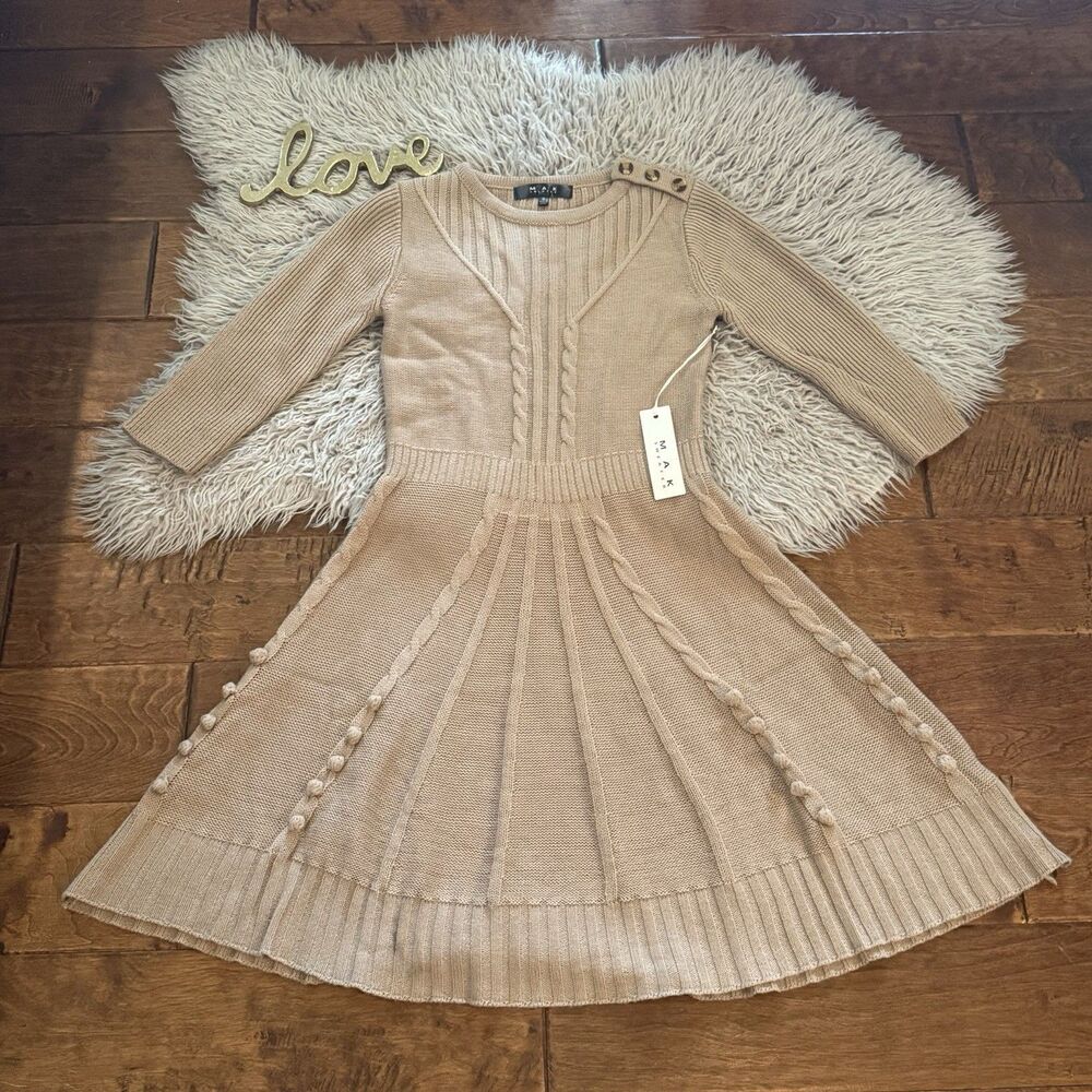 MAK Sweater Knit Fit & Flare Dress Beige Size S Pom Pom Button Shoulder Boho